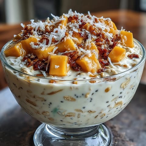 Tropical overnight oats with mango, coconut, and almonds, served in a glass jar for easy breakfast prep.