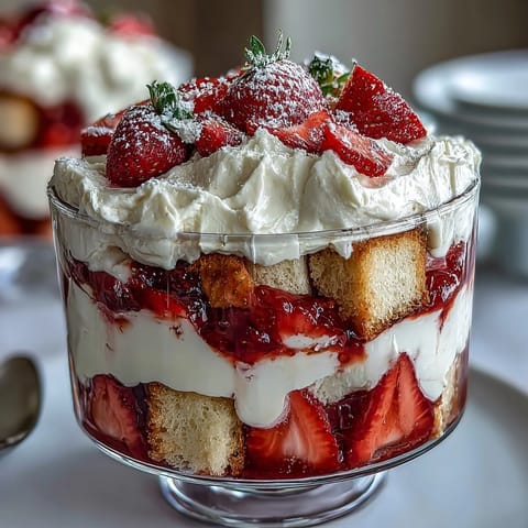 Layered strawberry shortcake trifle with fresh berries, homemade biscuits, and vanilla whipped cream—perfect for Galentine's celebrations.