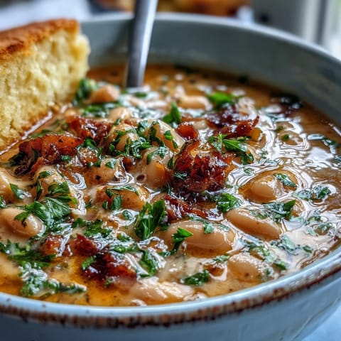 A steaming bowl of smoky ham hock and bean soup with tender vegetables, served alongside golden, buttery cornbread for a comforting Southern meal.  