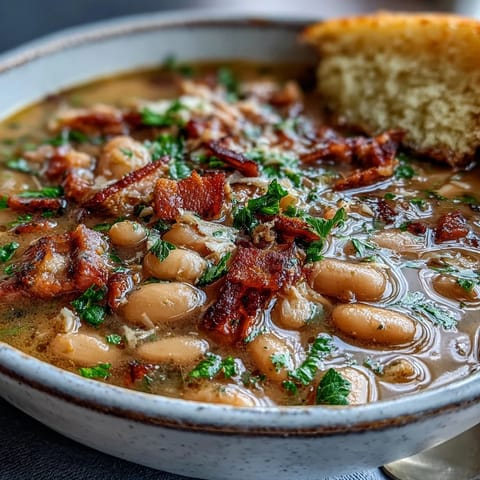 Rich and hearty ham hock and bean soup with creamy white beans and fresh parsley, paired with warm, crumbly cornbread straight from the oven.  