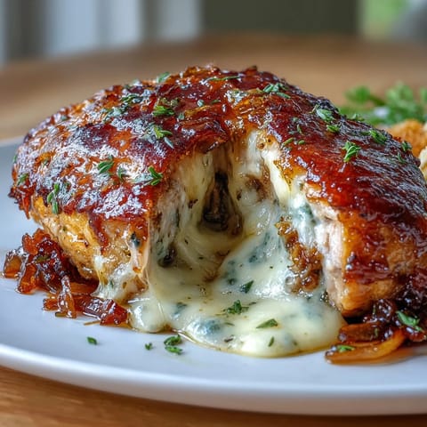 French Onion Stuffed Chicken Breasts with melted Gruyère and caramelized onions, baked to golden perfection for a comforting dinner.