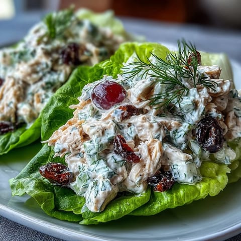 Light and refreshing chicken salad with herbs, vegetables, and Greek yogurt in crunchy lettuce cups.  