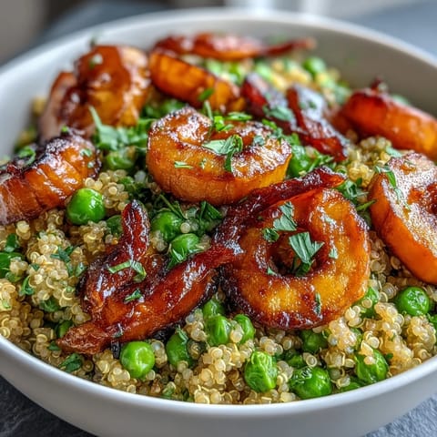 Warm quinoa bowl with roasted carrots and green peas, garnished with fresh parsley and feta.  