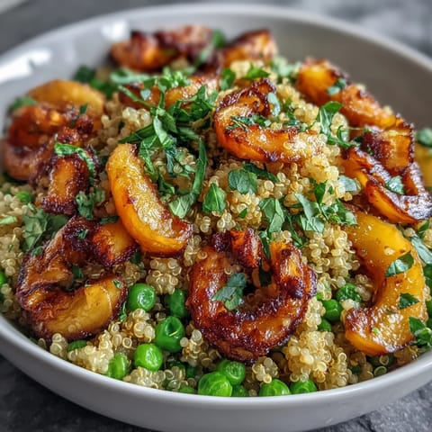 Nutty quinoa topped with caramelized roasted carrots, sweet peas, and a zesty lemon dressing.  