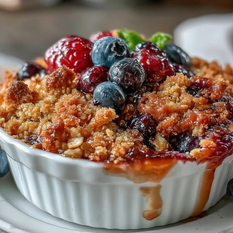 A warm berry crumble with a golden oat topping, bubbling with juicy mixed berries and served in individual ramekins.