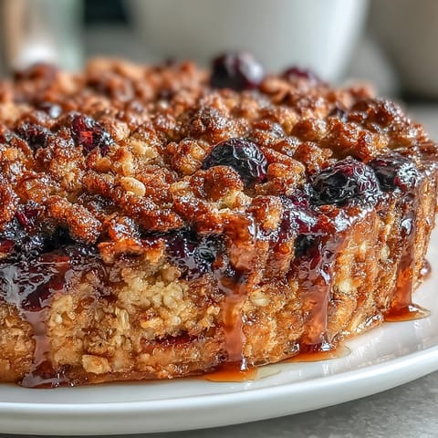 Crisp and buttery oat crumble topping over a bed of sweet, tangy mixed berries, baked to perfection in a rustic dish.