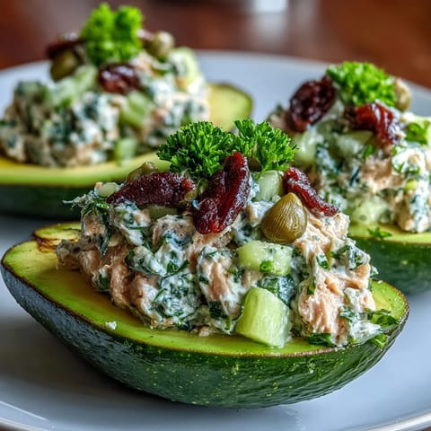 Creamy chickpea tuna salad stuffed into ripe avocado halves, garnished with fresh parsley and lemon wedges.  