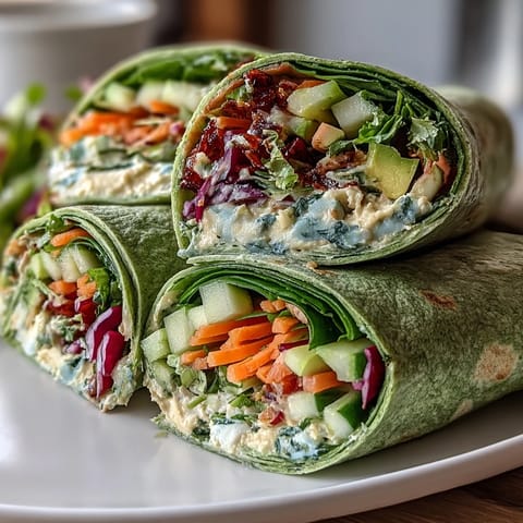 Healthy vegetarian wraps featuring fresh spinach, crunchy carrots, and smooth hummus rolled in bright green spinach tortillas.