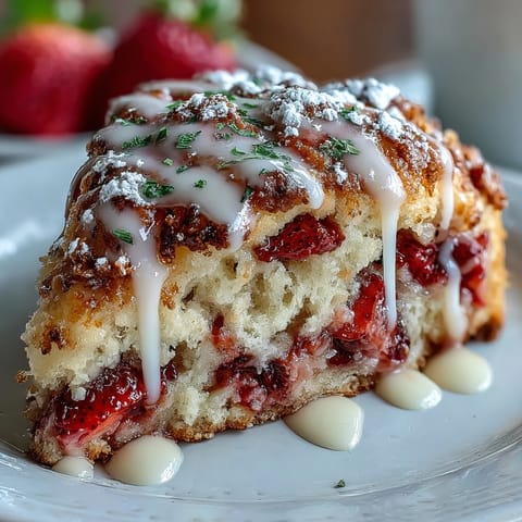 Golden scones topped with fresh strawberries and a glossy lemon glaze, served with mixed berries.  