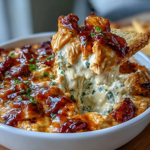 Creamy High-Protein Cottage Cheese Buffalo Chicken Dip baked until bubbling and golden, served with crisp celery and carrot sticks.