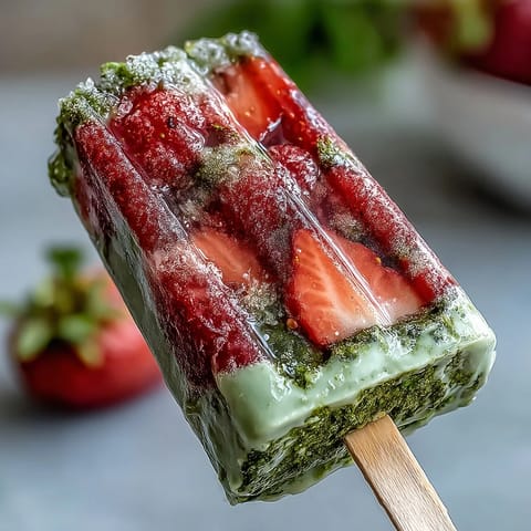 Strawberry Matcha Latte Popsicles with vibrant layers of sweet strawberries and creamy matcha, perfect for a refreshing summer dessert.