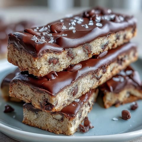 Protein-packed edible cookie dough bars with mini chocolate chips, perfect for healthy snacking.  