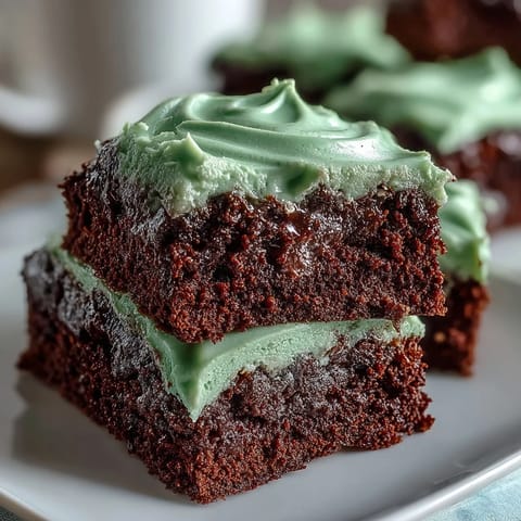 Shamrock-shaped brownies with rich chocolate flavor and vibrant green icing, perfect for festive St. Patrick's Day celebrations.  