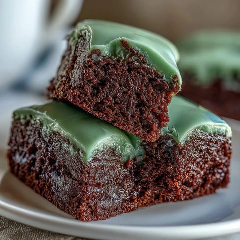 Fudgy chocolate brownies decorated with smooth green icing and cut into lucky shamrock shapes for holiday fun.  