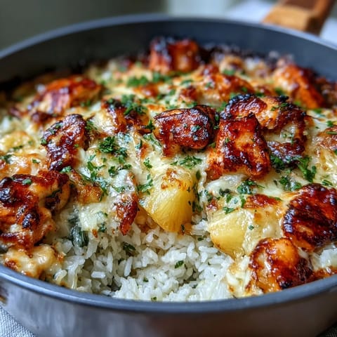 Baked Pineapple Chicken and Rice Casserole with melted cheddar cheese topping.