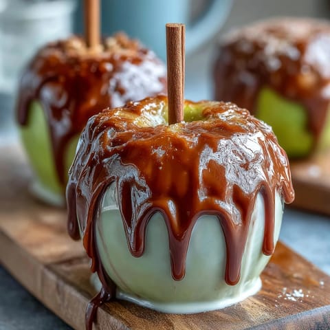 Glossy red candy apples with creamy white chocolate drizzle, perfect for fall festivals and Halloween parties.  