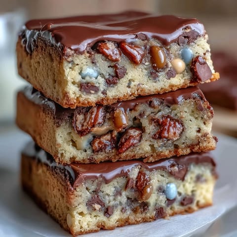 Soft, chewy Cadbury Egg Cookie Bars with pastel M&Ms, perfect for spring and Easter celebrations.