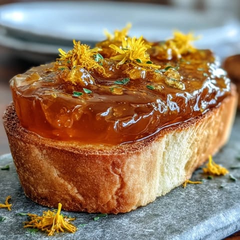 A jar of golden dandelion jelly with a delicate floral aroma, ready to spread on warm toast or biscuits.