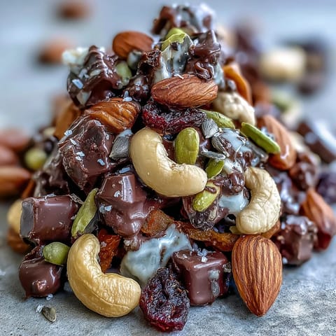 Homemade trail mix with dark chocolate features crunchy nuts, chewy dried fruits, and rich chocolate pieces in a vibrant, energy-packed snack bowl.