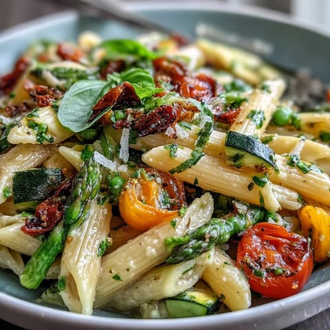 Fresh Spring Pasta Primavera with vibrant seasonal vegetables and herby lemon sauce.