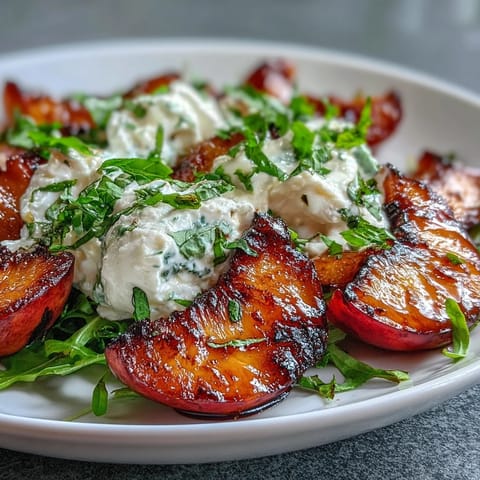 Grilled peach and burrata salad with honey, featuring sweet caramelized peaches and creamy cheese on a bed of arugula.