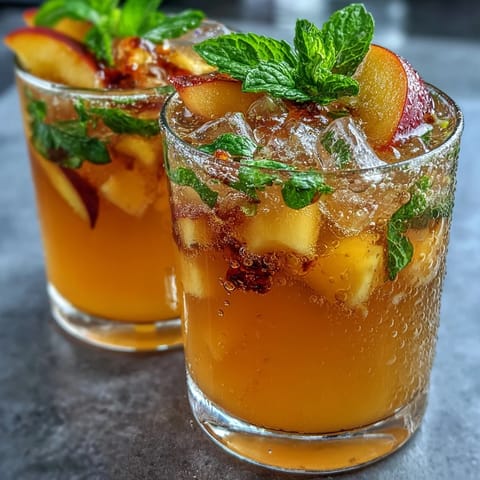 Refreshing mango peach sparkling tea with ripe fruit puree, chilled black tea, and a fizzy finish, garnished with fresh mint and fruit slices.