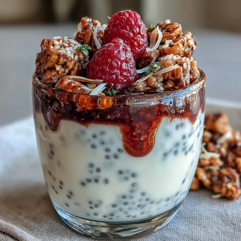 Lemon Chia Parfait with raspberry compote and crunchy granola, served in a glass jar for a refreshing breakfast or dessert.
