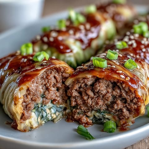 Korean cabbage rolls filled with spicy ground beef and steamed to tender perfection, served with a savory dipping sauce.