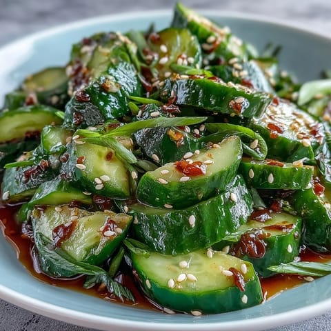 Vibrant smashed cucumber salad with scallions and toasted sesame seeds, perfect as a cool, spicy side dish.