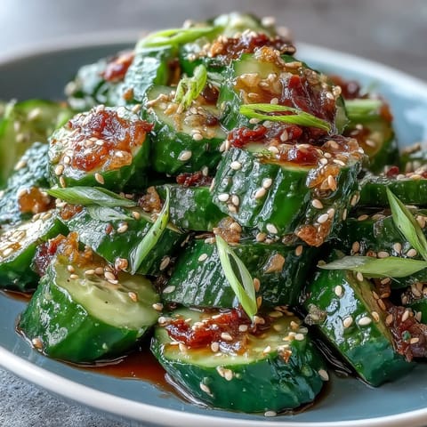 Crispy smashed cucumber salad tossed with garlic, chili oil, and sesame dressing for a refreshing, tangy bite.