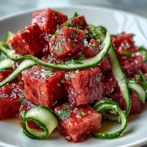 Crisp cucumbers and sweet watermelon shine in this zesty Tajin lime salad.