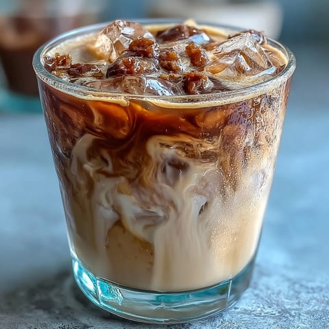 Richly sweet iced espresso shake with creamy oat milk, a delightful beverage.