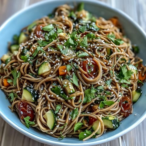 Chilled soba noodle salad bursting with crisp vegetables and bright sesame ginger dressing.
