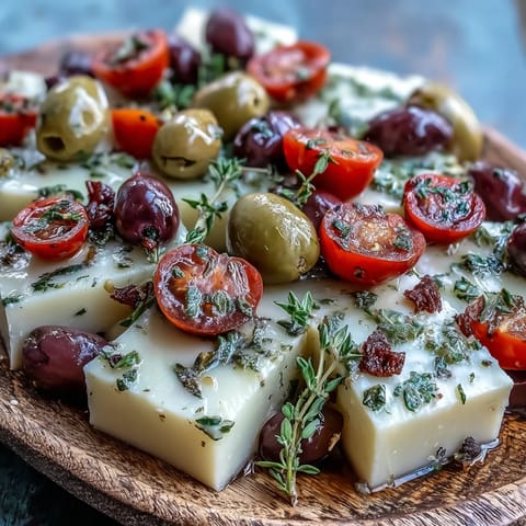 Quick Manchego Cheese Tapas: Rich cubes with olives and oil on elegant serving platter.
