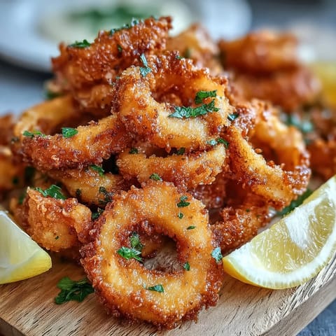 Golden fried calamari rings with a bright lemon wedge, expertly crisp.