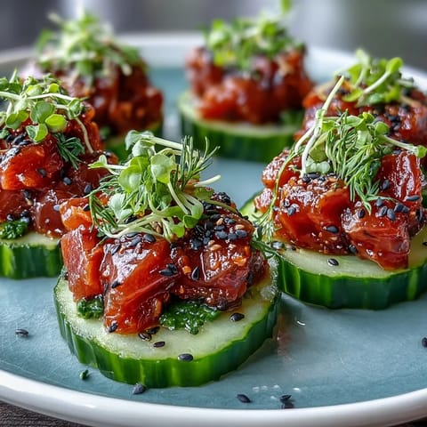 Spicy Tuna Pickle Cups: vibrant, zesty poke bites on crunchy dill pickles.