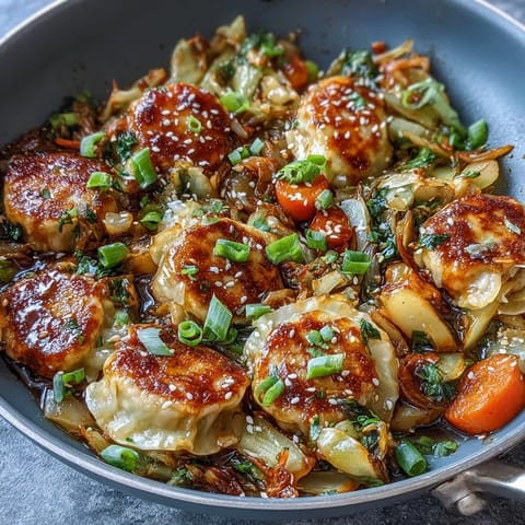 Golden-brown cabbage dumplings glistening with sweet hot honey in a skillet.