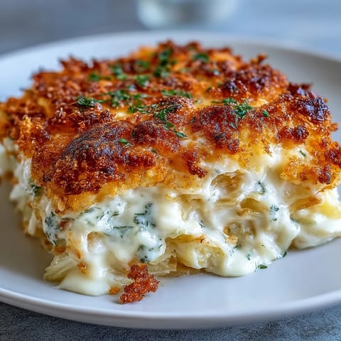 Golden baked Crispy Cabbage Alfredo Bake with bubbly cheese topping.