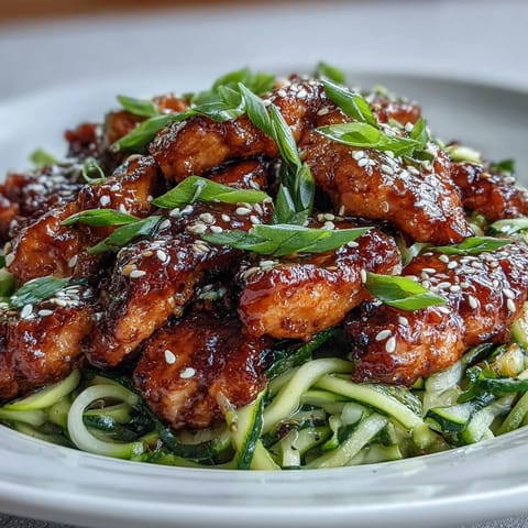 Sweet honey garlic chicken atop vibrant zucchini noodles, a healthy gluten-free meal.
