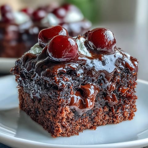 Moist chocolate poke cake infused with cherry cola, topped with whipped cream.