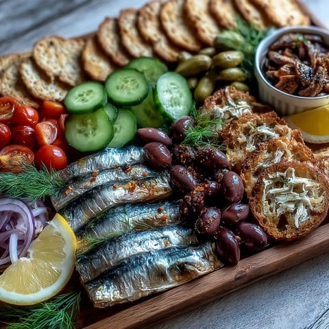 A vibrant tinned fish picnic board overflowing with fresh accompaniments and crusty bread.