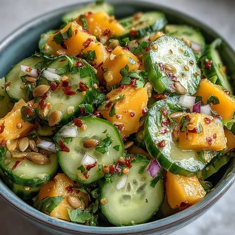 Vibrant Mango Tajín Cucumber Salad with fresh cilantro and lime, ready to serve.