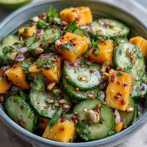 Cooling Mango Tajín Cucumber Salad piled high with sweet mango and crisp cucumber slices.