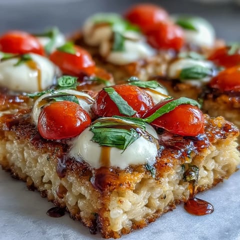 Golden crispy rice caprese bites topped with fresh mozzarella, cherry tomatoes, and basil.