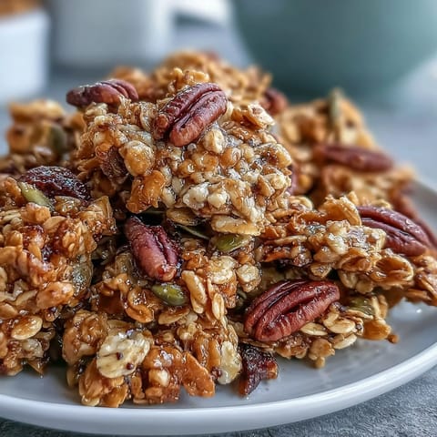 Golden Pumpkin Maple Granola Clusters with nuts, baked for a perfect crunchy breakfast.