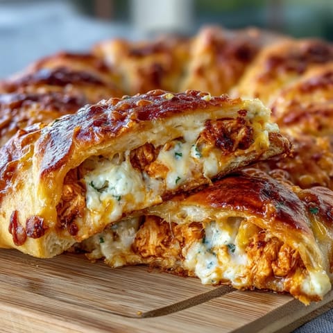 Delicious Buffalo Chicken Crescent Ring with flaky pastry, ready for dipping.