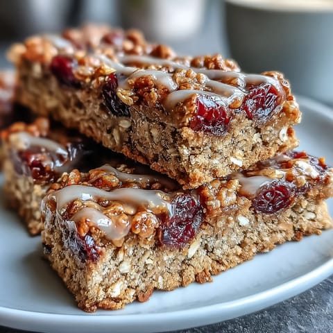 Golden baked grape oatmeal snack bars piled high, showing chewy texture and sweet fruit.