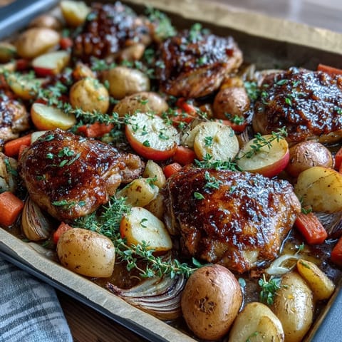 Tender Apple Cider Chicken and Potato Sheet Pan, savory glaze, hearty vegetables.
