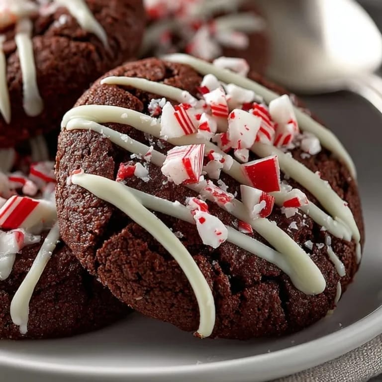 Chocolate peppermint bark cookies cooling on a rack, topped with melted white chocolate and crushed peppermint.