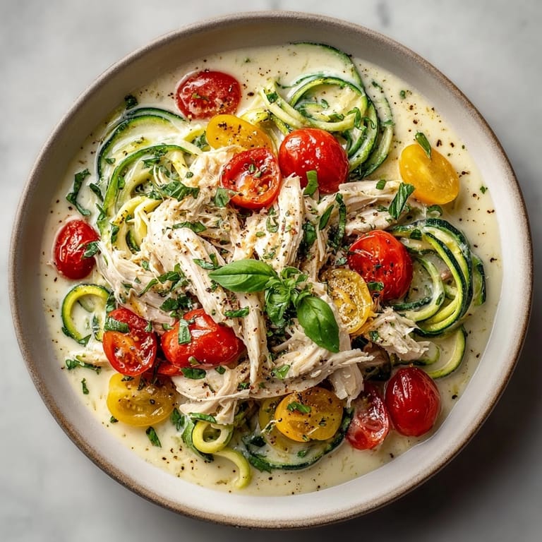 A fork twirls One-Pot Zucchini Noodle Alfredo, revealing crisp vegetables and shredded chicken inside.